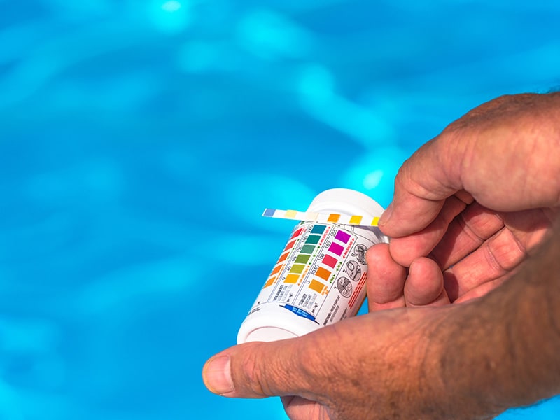 A person examines a test strip to ensure swimming pool water quality and safety